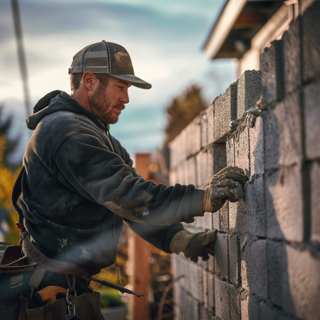 Mason building a concrete block fence wall for a house