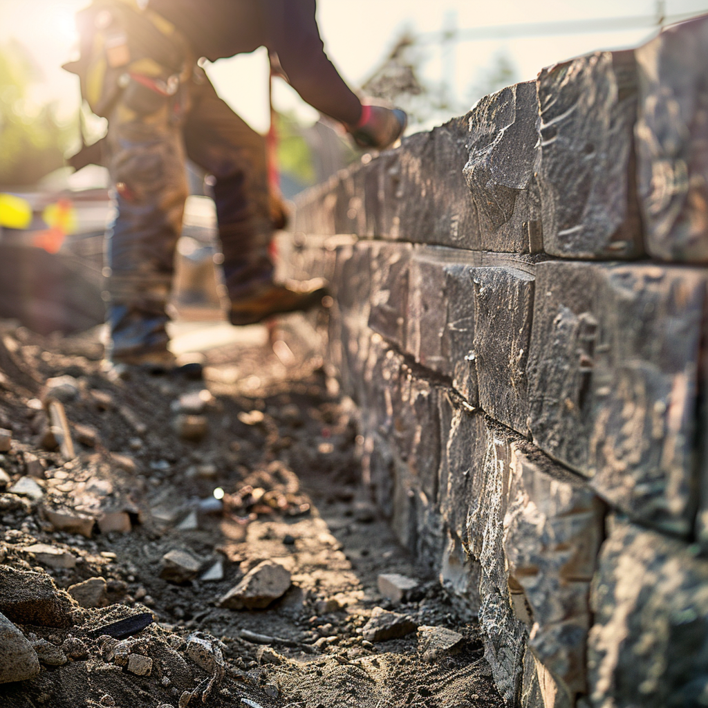 Close-up of a mason building a block retaining wall